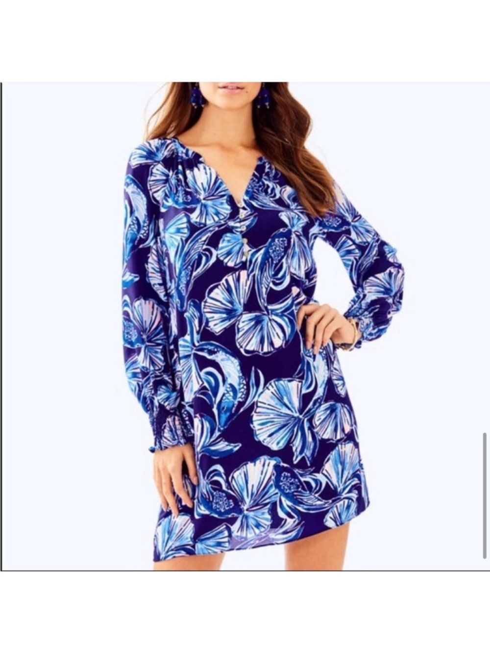 Lilly Pulitzer Blue Floral V-Neck Long Sleeve Shift Dress